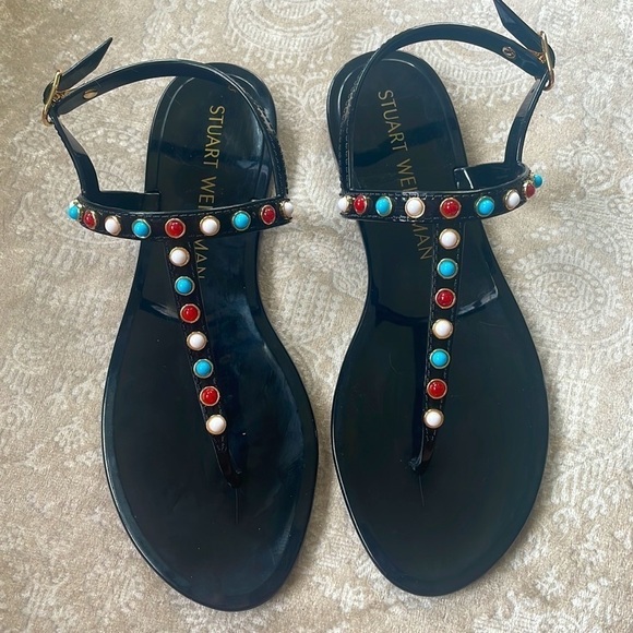 Brand New Stuart Weitzman Gemstone Beaded Thong Jelly Sandals Slingback Black - Picture 1 of 15